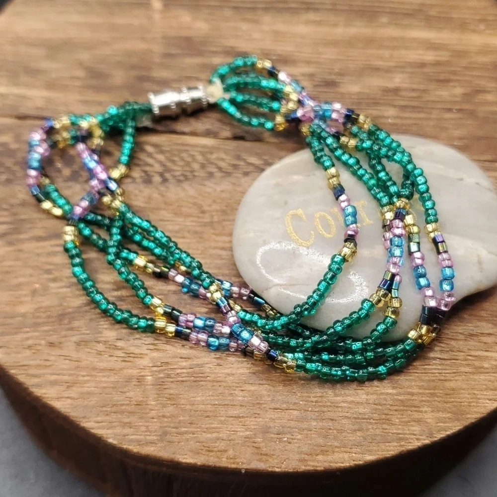 Mermaid festive seed beaded deep green bead bracelet tier‎ vintage B3134